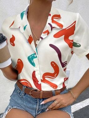 Abstract Print Short-Sleeve Button-Up Shirt - Ivory/Multicolor
